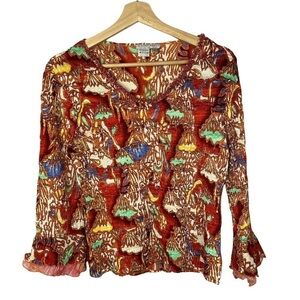 Alberto Makali Red Printed Textured Long Sleeve Blouse S